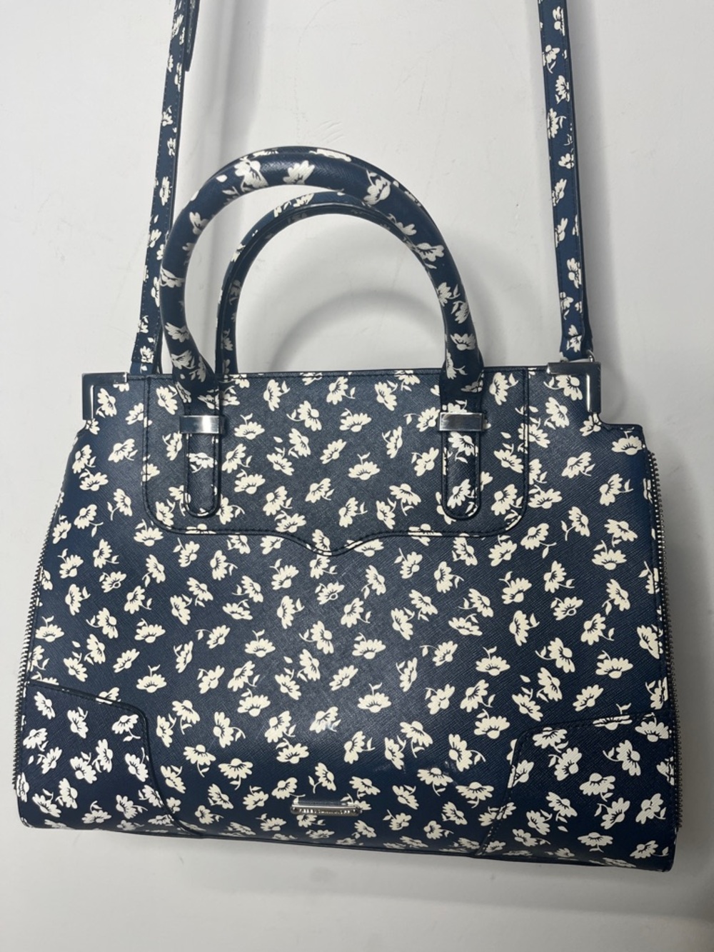 Rebecca Minkoff Amorous Satchel Crossbody Tote NavyWhite Floral Saffiano Leather